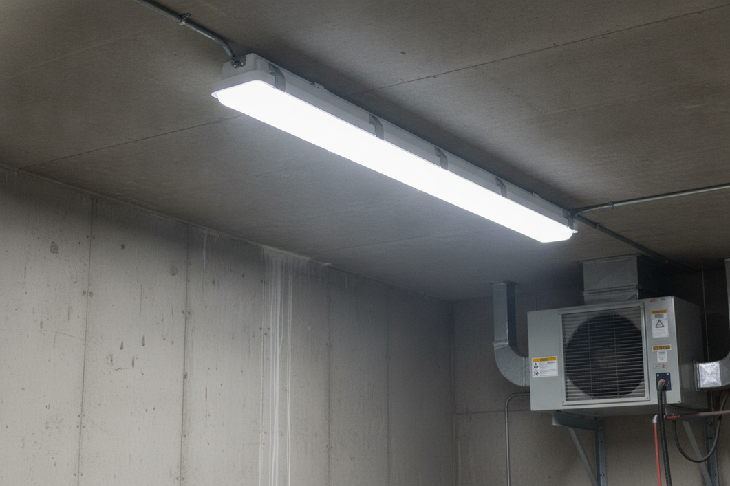 Sealed commercial LED fixture in a dusty, damp facility before maintenance inspection
