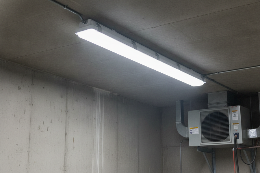 Sealed commercial LED fixture in a dusty, damp facility before maintenance inspection