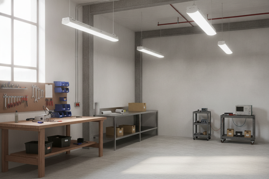 Commercial lighting pilot zone with installed linear fixtures illuminating a representative work area