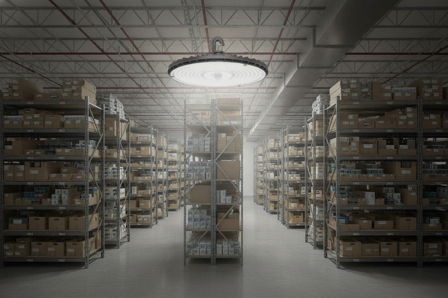 Commercial warehouse aisle illuminated by a high-bay LED fixture