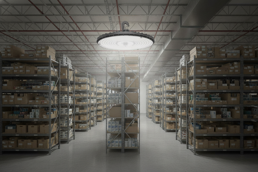 Commercial warehouse aisle illuminated by a high-bay LED fixture