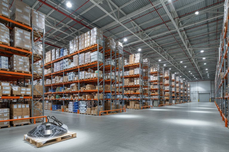 Commercial LED high bay fixtures installed in a warehouse with an organized spare fixture staged nearby