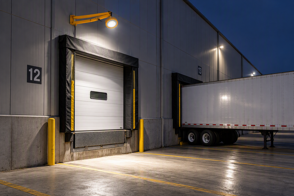 Commercial loading dock with an exterior light fixture mounted above the dock face, illuminating the canopy, dock threshold, and truck apron while a trailer is positioned nearby.