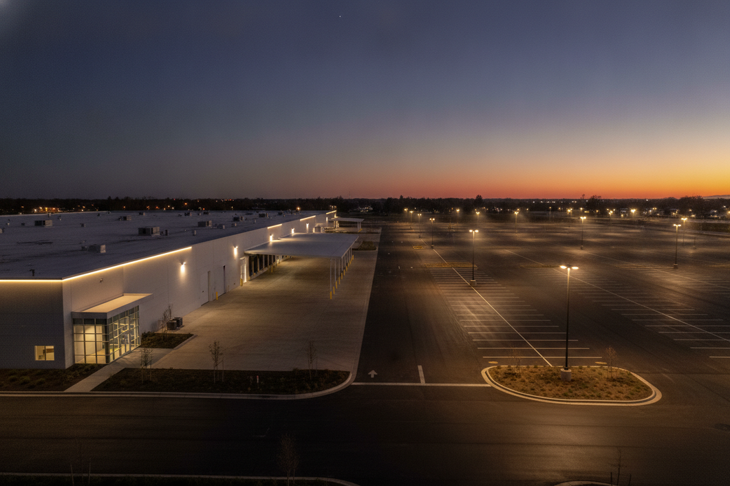 Wide dusk view of a large commercial property showing building-edge lighting near entrances and taller area lighting distributed across an open parking area.