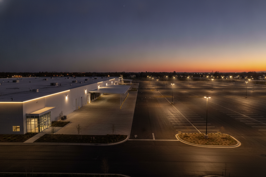 Wide dusk view of a large commercial property showing building-edge lighting near entrances and taller area lighting distributed across an open parking area.