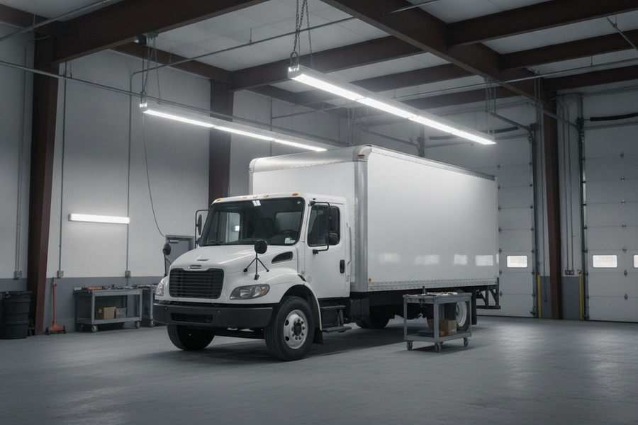 Commercial service bay with overhead lighting and side illumination helping reveal vehicle doors, lower body panels, and nearby work surfaces