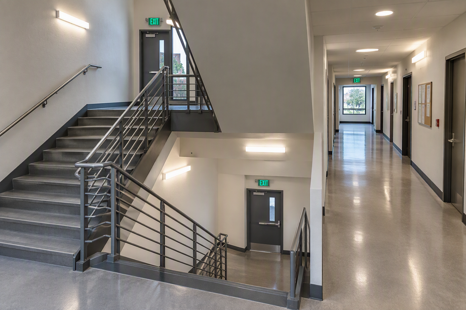 Commercial egress stairwell and corridor with continuous overhead lighting, visible landings, turns, doors, and exit signs