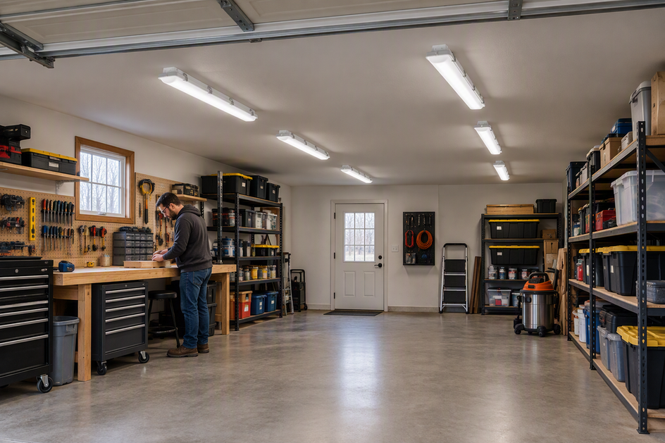 A converted garage workshop with vapor-tight LED fixtures distributed across the ceiling above a workbench, storage, and open floor space.