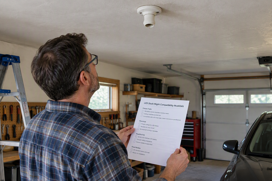 Porcelain ceiling light socket in a garage workshop beside a printed LED shop-light compatibility checklist