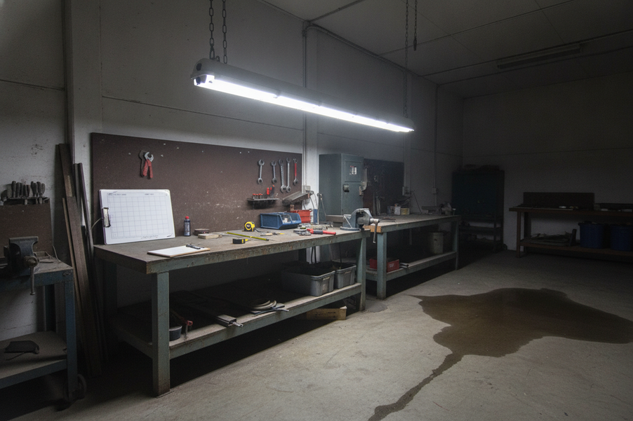 Sealed linear light fixture in a commercial workshop with a lighting exposure checklist and environmental conditions being reviewed