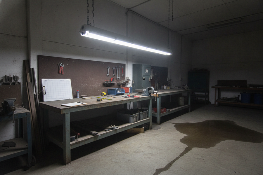 Sealed linear light fixture in a commercial workshop with a lighting exposure checklist and environmental conditions being reviewed