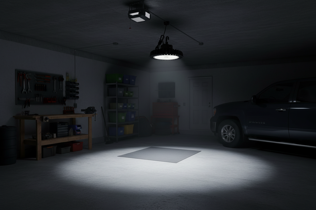 Garage with a dark ceiling, overhead lighting, and visibly uneven coverage across the floor, vehicle bay, and work areas