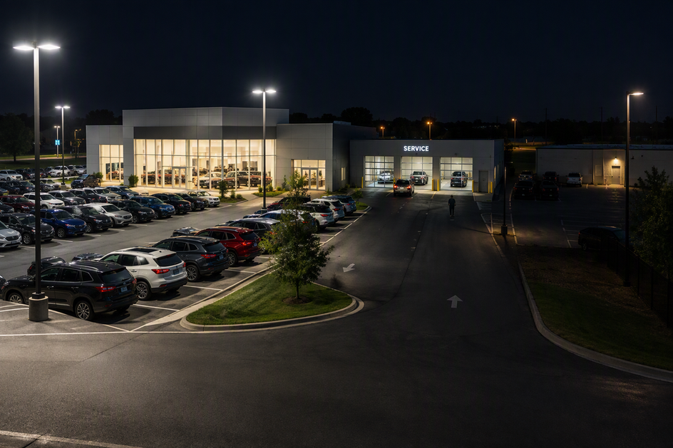 Nighttime car dealership parking lot with brighter active areas and lower-lit overnight zones across rows of vehicles.