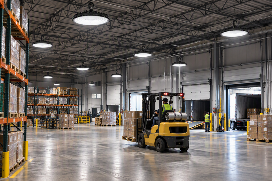 High-bay LED fixtures illuminating a forklift staging area from multiple directions, with softened shadows across the warehouse floor.