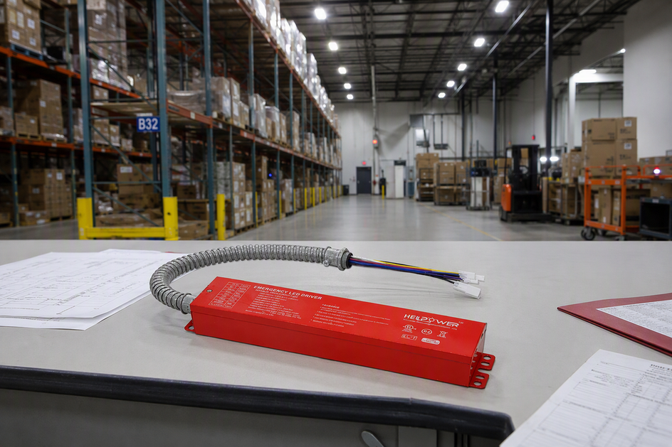 Emergency battery backup unit presented in a warehouse high-bay lighting environment.