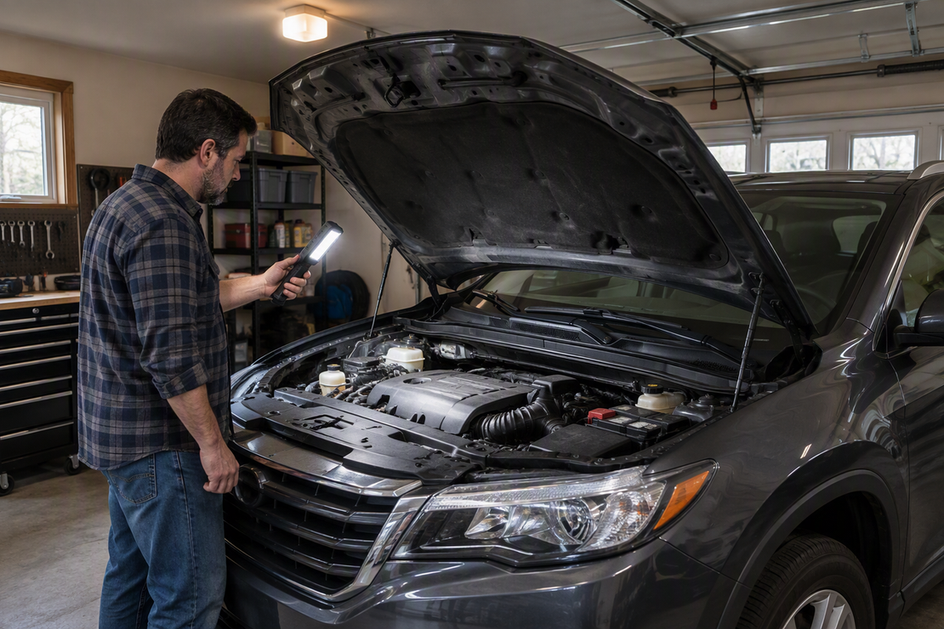Mechanic uses a supplemental work light to illuminate an engine bay beneath an open hood in a residential garage.