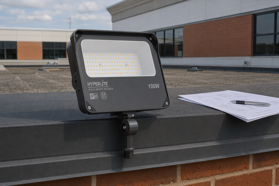 Commercial LED flood light presented with a building eave and site plans