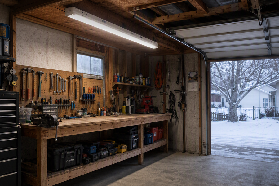 A complete LED linear fixture illuminates a workbench in a cold, unheated garage workshop.