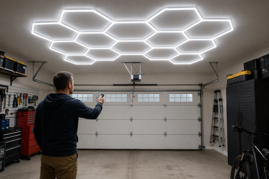 LED garage lights illuminate a residential garage while a homeowner tests a garage door remote.