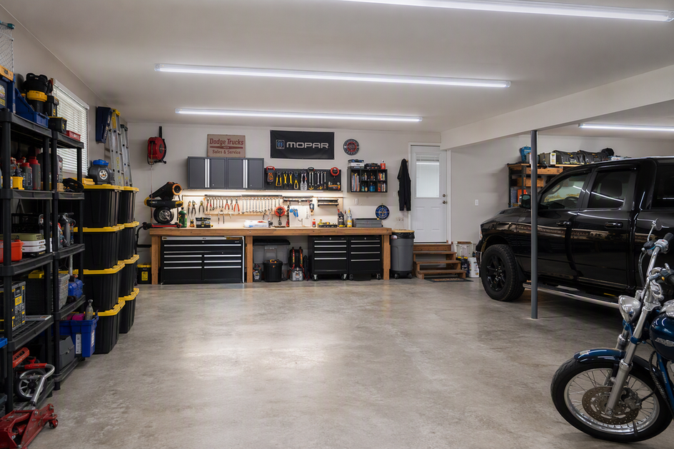 Integrated linear LED fixtures mounted across a garage workspace above a workbench and clear walking areas