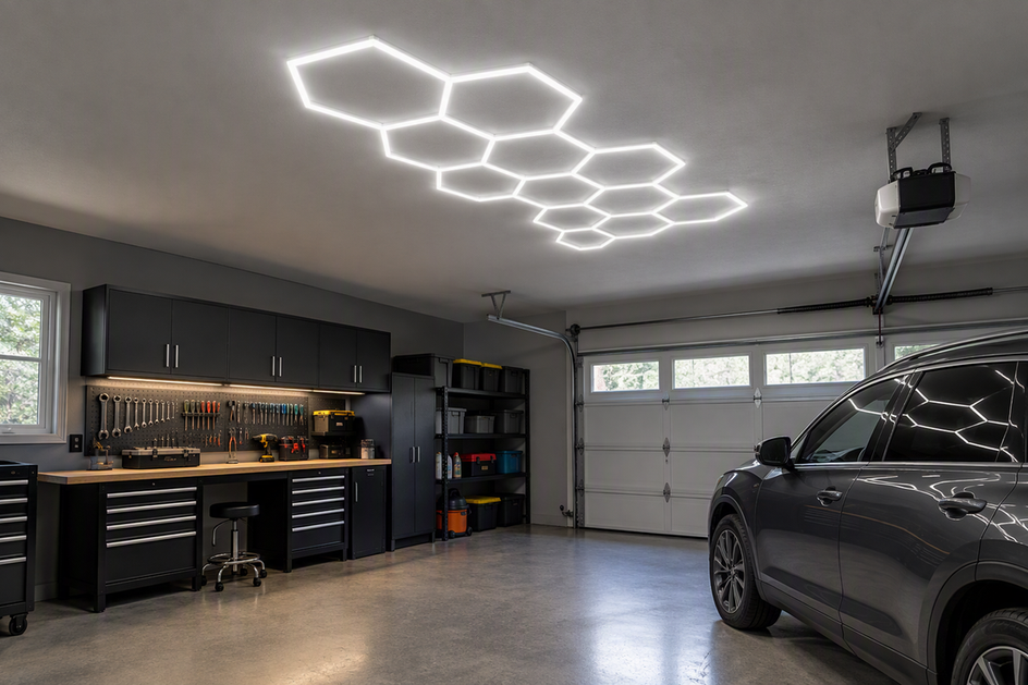 Garage ceiling lights illuminate a work area while the door opener motor and rail remain visible.