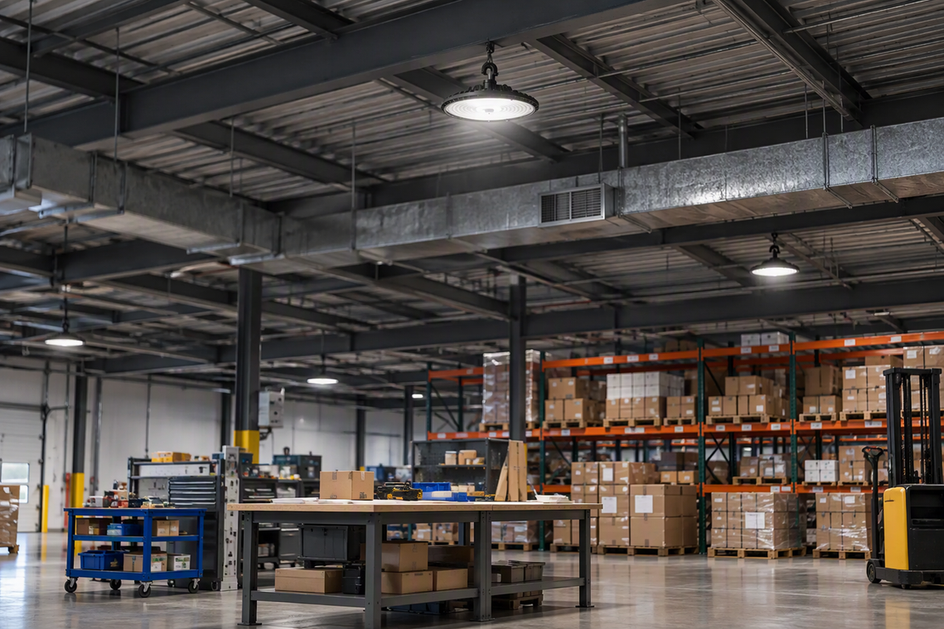 A high-bay LED fixture hangs above a warehouse work zone with HVAC ductwork and steel I-beams visible across the ceiling.
