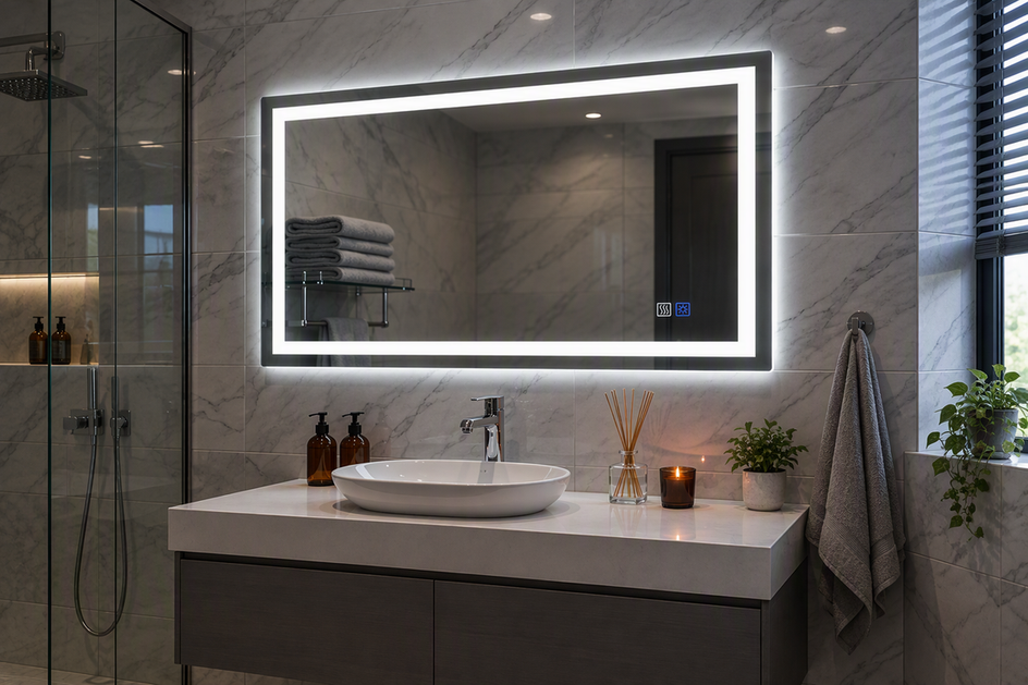 Backlit and front-lit LED bathroom mirror mounted above a bathroom vanity, with its illuminated frame and rear halo visible.