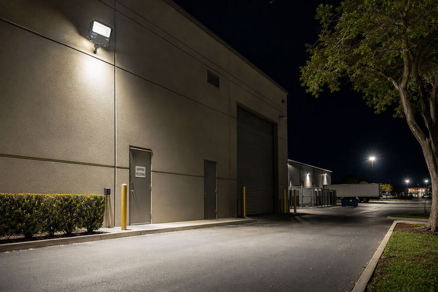 Commercial building perimeter illuminated by a mounted outdoor security floodlight at night, with a loading area and clear walking paths below