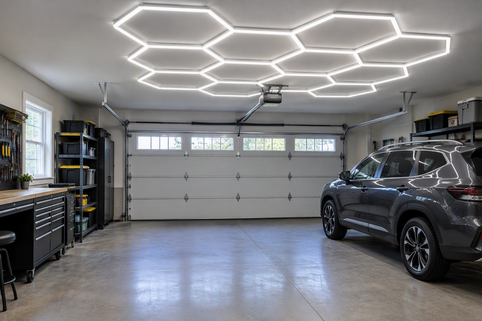 Hexagon LED ceiling grid installed across a residential garage ceiling with clear space around the garage door and storage areas