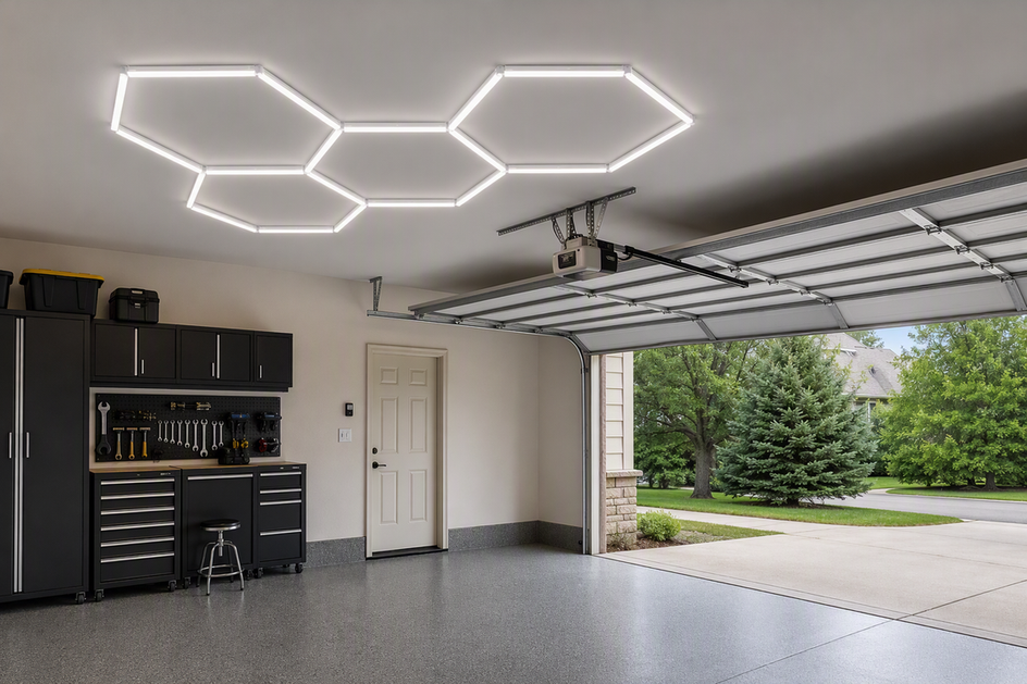 Hexagon garage lights arranged on a garage ceiling beside overhead door tracks and an opener rail, with clear space around the moving hardware