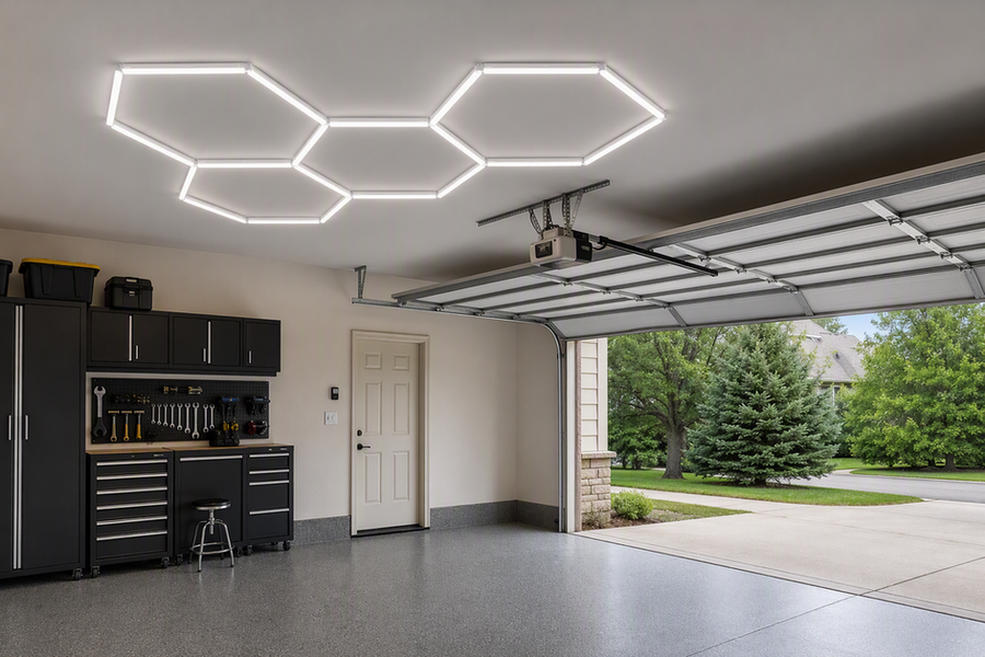 Hexagon garage lights arranged on a garage ceiling beside overhead door tracks and an opener rail, with clear space around the moving hardware