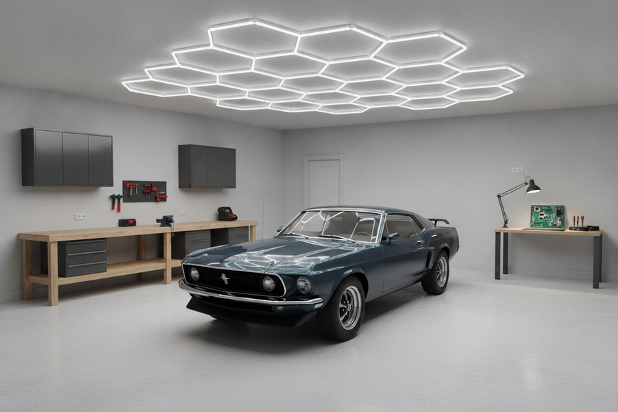 Hexagon ceiling grid lighting a tidy garage with a separate work area for close-up tasks