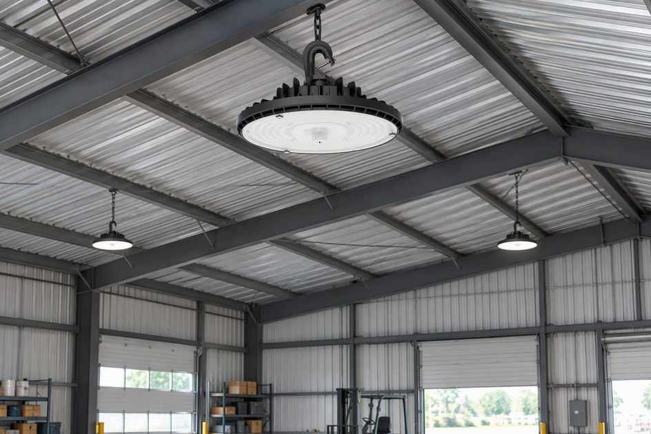 UFO high bay LED fixture suspended beneath an uninsulated metal roof deck in a spacious industrial bay, with the roof peak and surrounding airflow context visible.