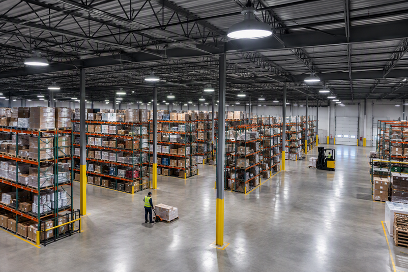 Commercial high-bay LED lighting fixtures suspended above an expansive warehouse floor with storage aisles and even illumination.