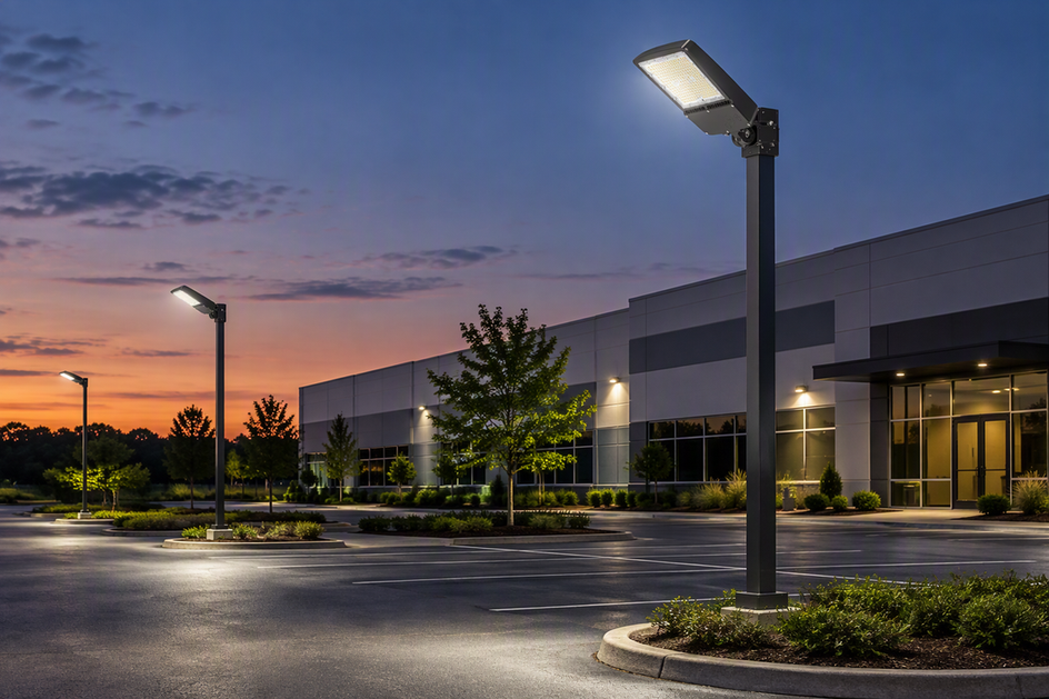 Commercial exterior LED parking lot light illuminating a paved site at dusk
