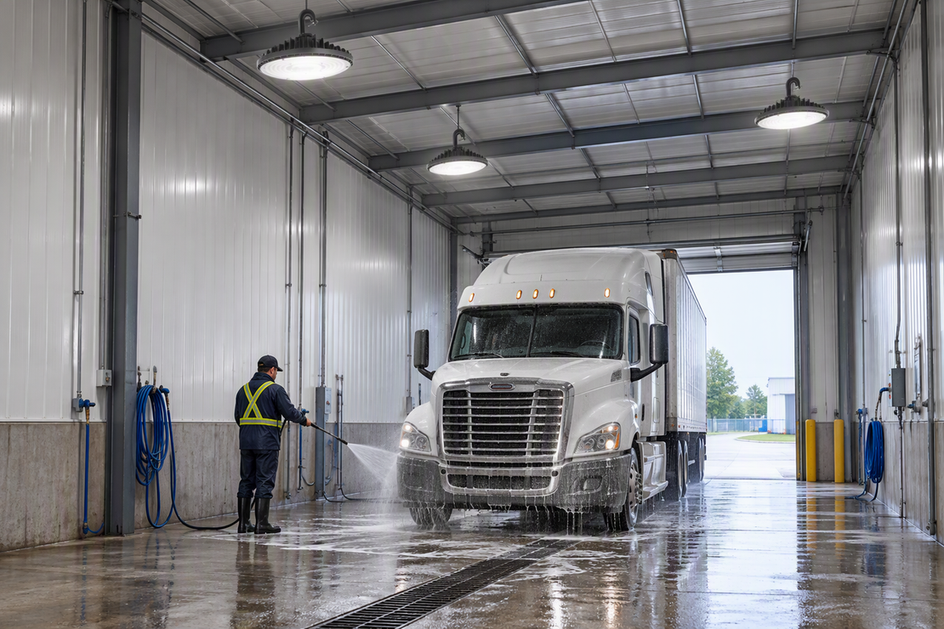 UFO high bay LED fixture mounted high above a damp indoor vehicle washdown bay, illuminating the wash lane while wash activity remains below.