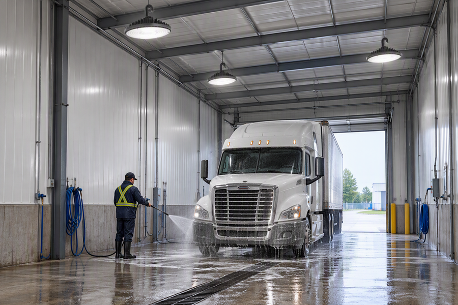 UFO high bay LED fixture mounted high above a damp indoor vehicle washdown bay, illuminating the wash lane while wash activity remains below.