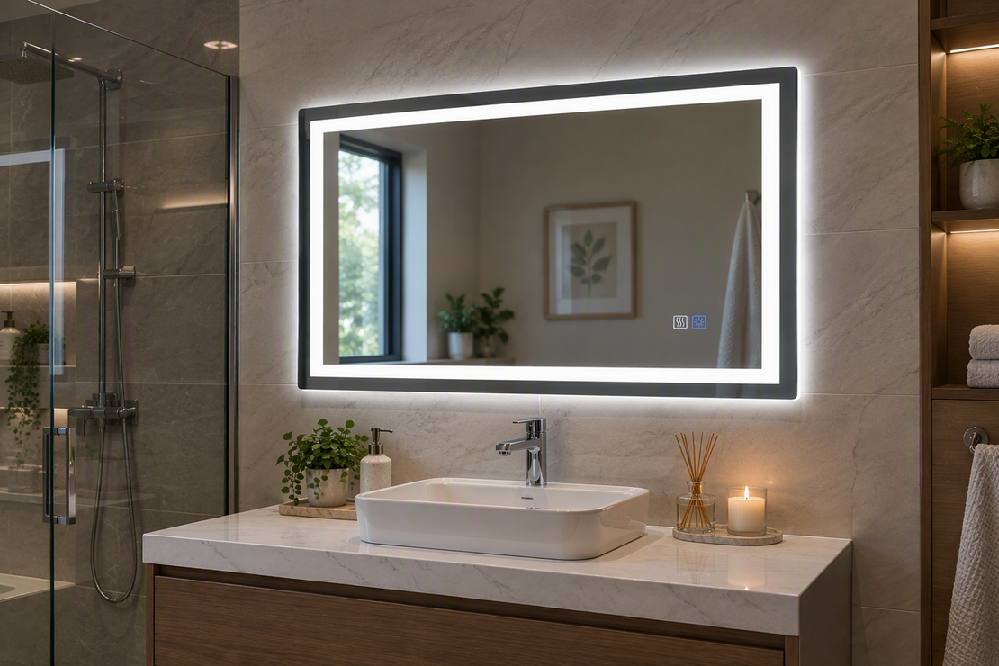 LED bathroom mirror illuminated above a bathroom vanity, with light visible from the mirror’s front and rear edges