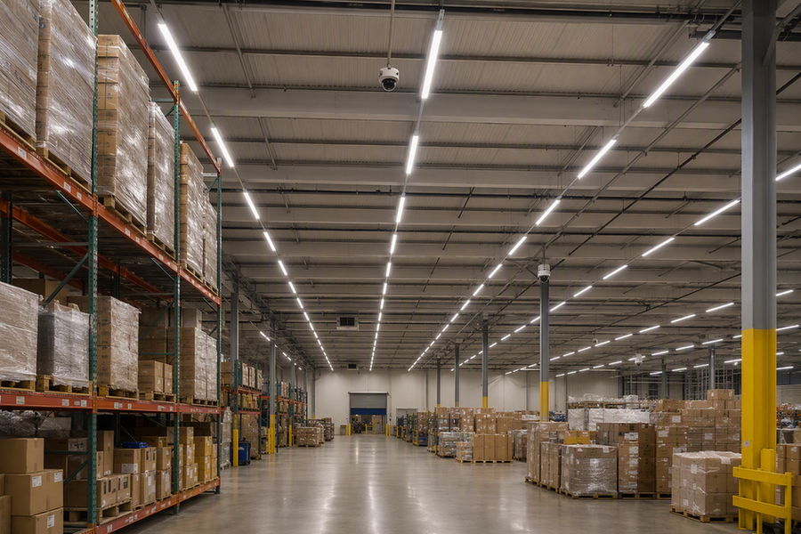LED linear strip fixtures mounted across a warehouse ceiling while security cameras monitor the lit work area