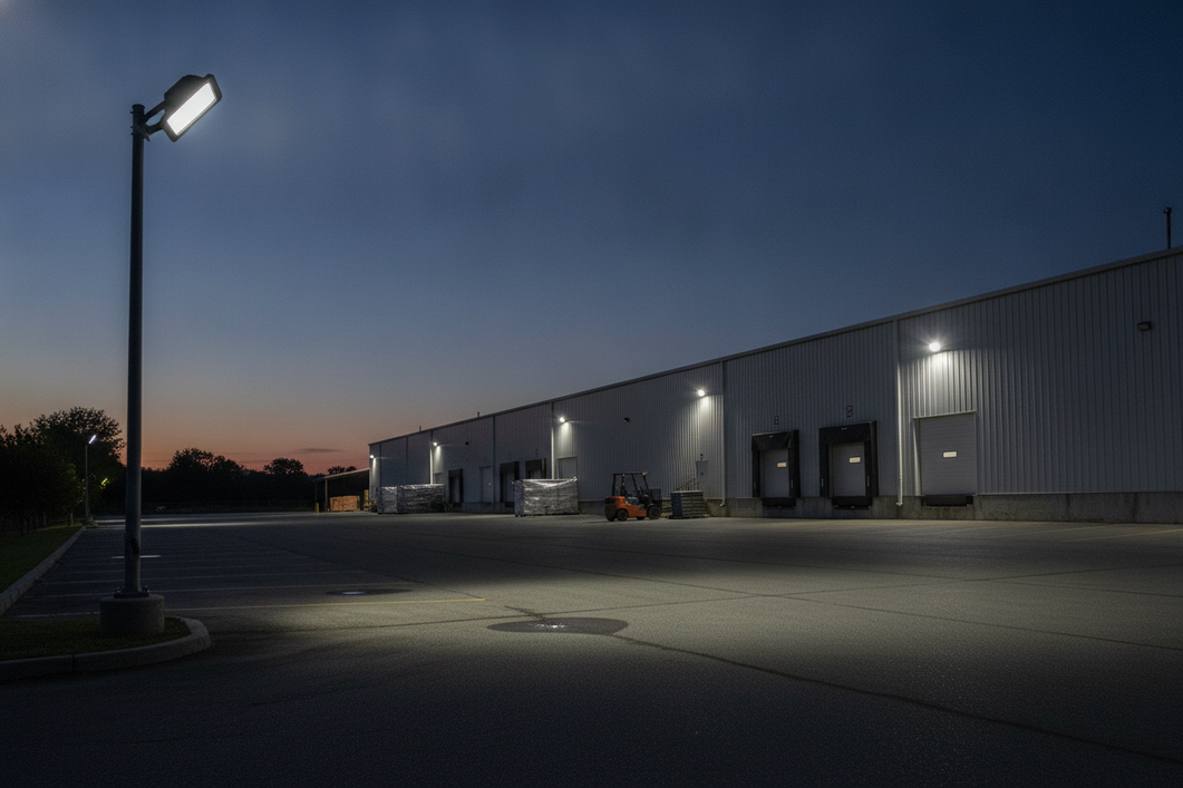 Commercial outdoor LED flood light illuminating a broad building perimeter and loading area at dusk