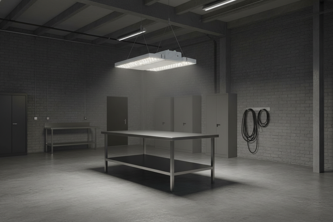 Commercial LED fixture suspended in a warehouse aisle, shown as a broad project-planning hero image
