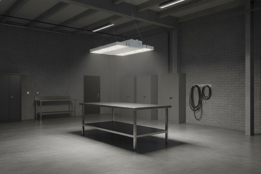 Commercial LED fixture suspended in a warehouse aisle, shown as a broad project-planning hero image