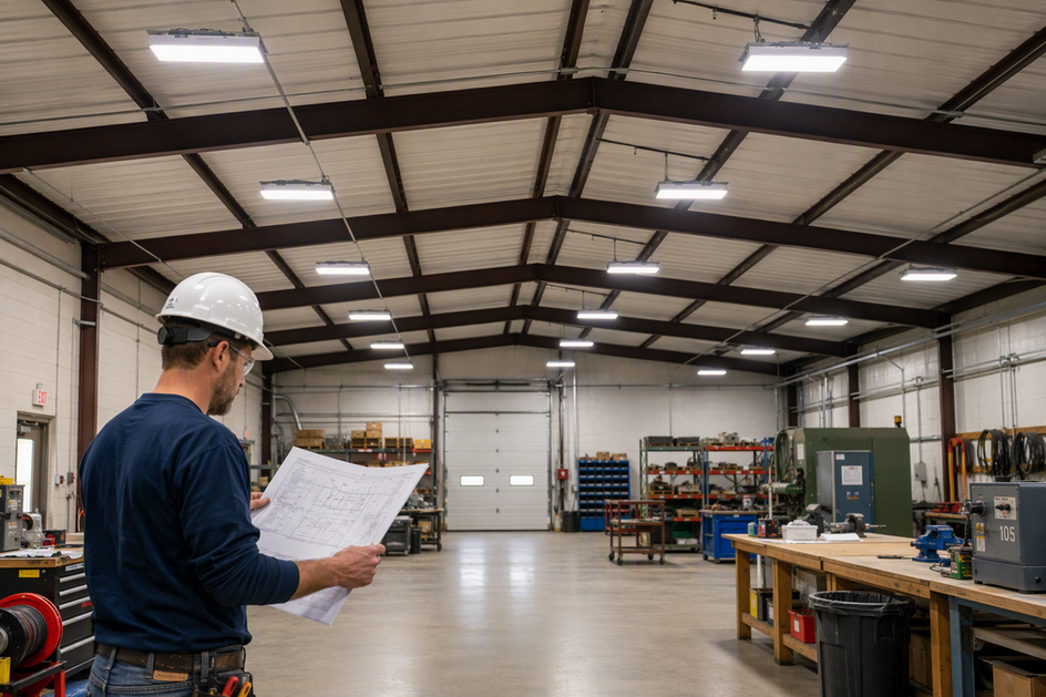 Electrician reviewing a circuit plan beneath multiple LED shop lights in a large workshop