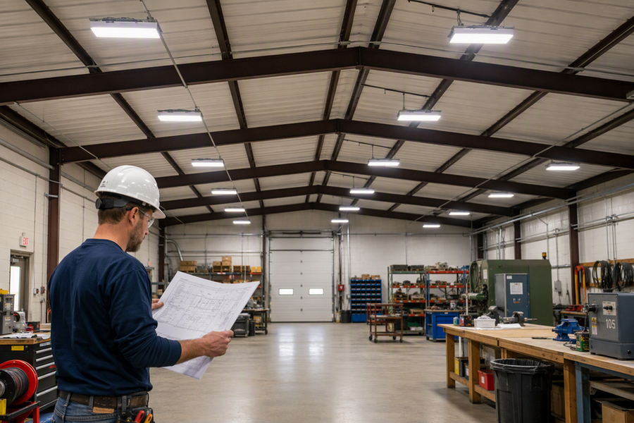 Electrician reviewing a circuit plan beneath multiple LED shop lights in a large workshop