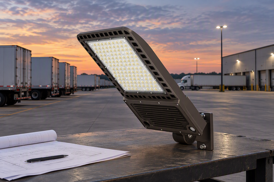 Commercial parking-lot floodlight fixture beside a truck-apron lighting plan in an industrial yard setting.