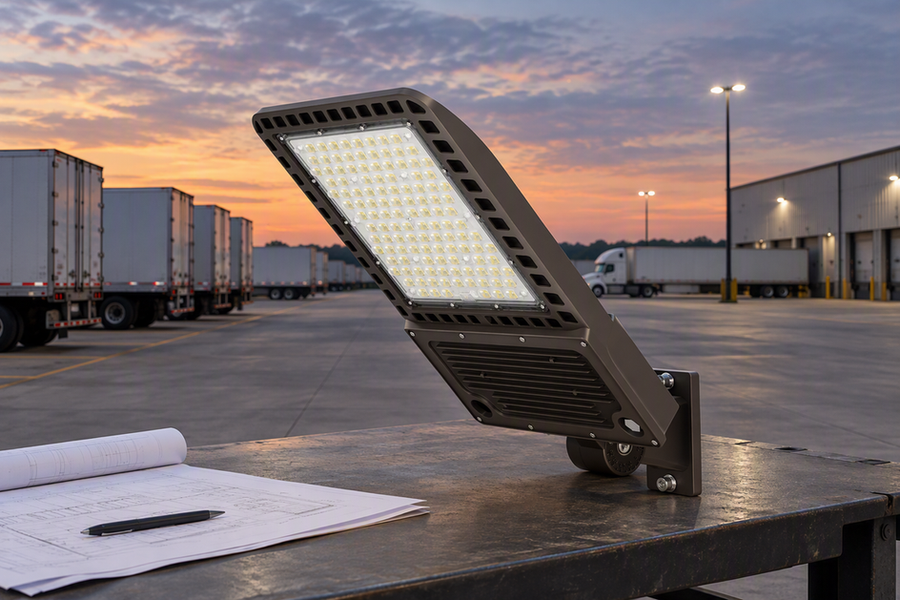 Commercial parking-lot floodlight fixture beside a truck-apron lighting plan in an industrial yard setting.