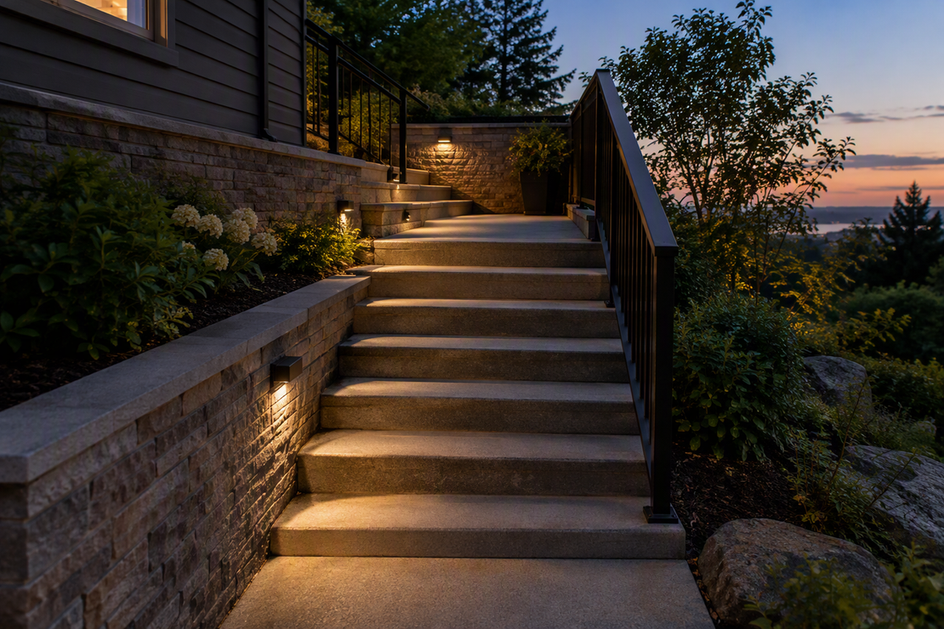 Outdoor stairs at dusk with evenly lit tread edges, risers, approach path, and landing while the fixtures remain outside the pedestrian’s direct view.