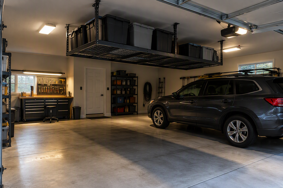 Garage ceiling storage racks cast deep shadows across a parking strip and work area while layered lighting reaches the surrounding floor.