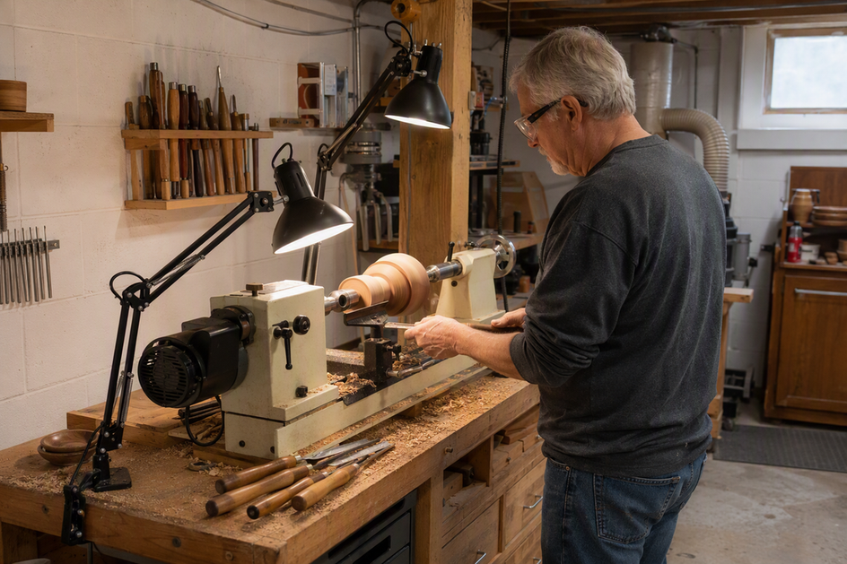 Home woodturning station with a person operating a lathe under two task lights positioned from different directions.