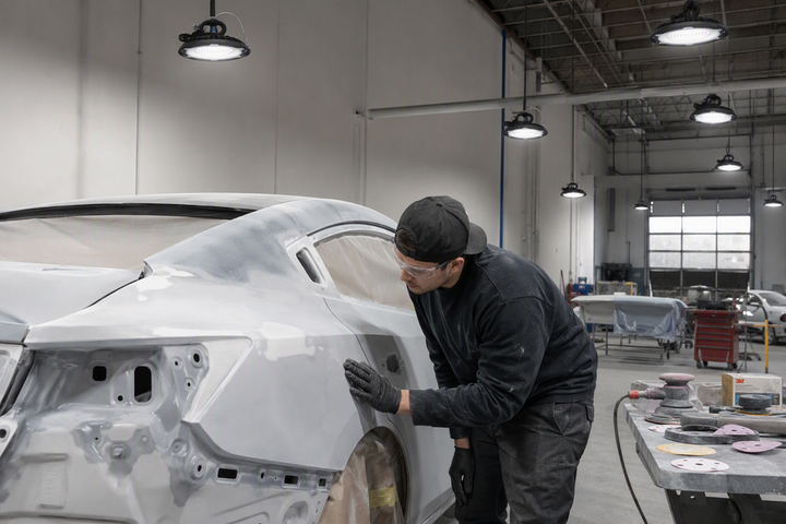 Lighting an Auto Body Sanding and Primer Area: Contrast, Dust Ingress, and Surface Shadows